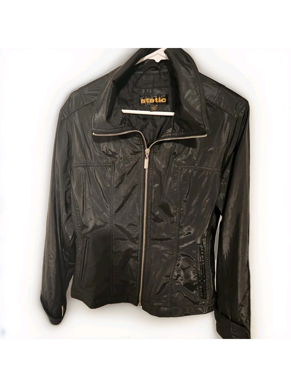 Static Women's Large Black Fitted Slick Windbreaker Coat Jacket